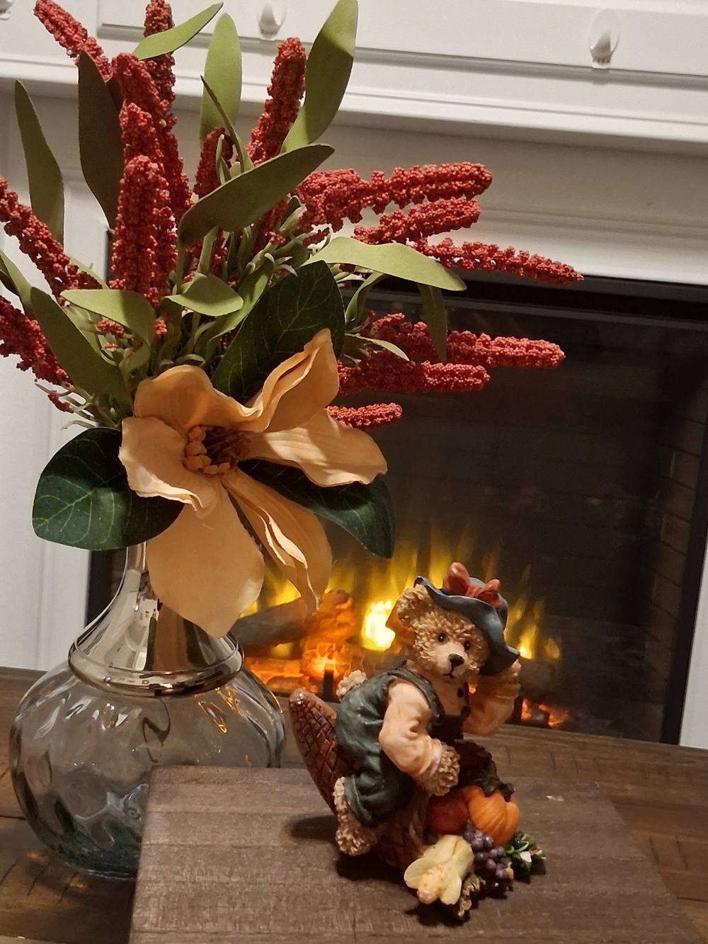 Autumn Harvest Bear Figurine - Decorative Home Accent - Blue Hat, Green Overalls - Picture 2 of 3